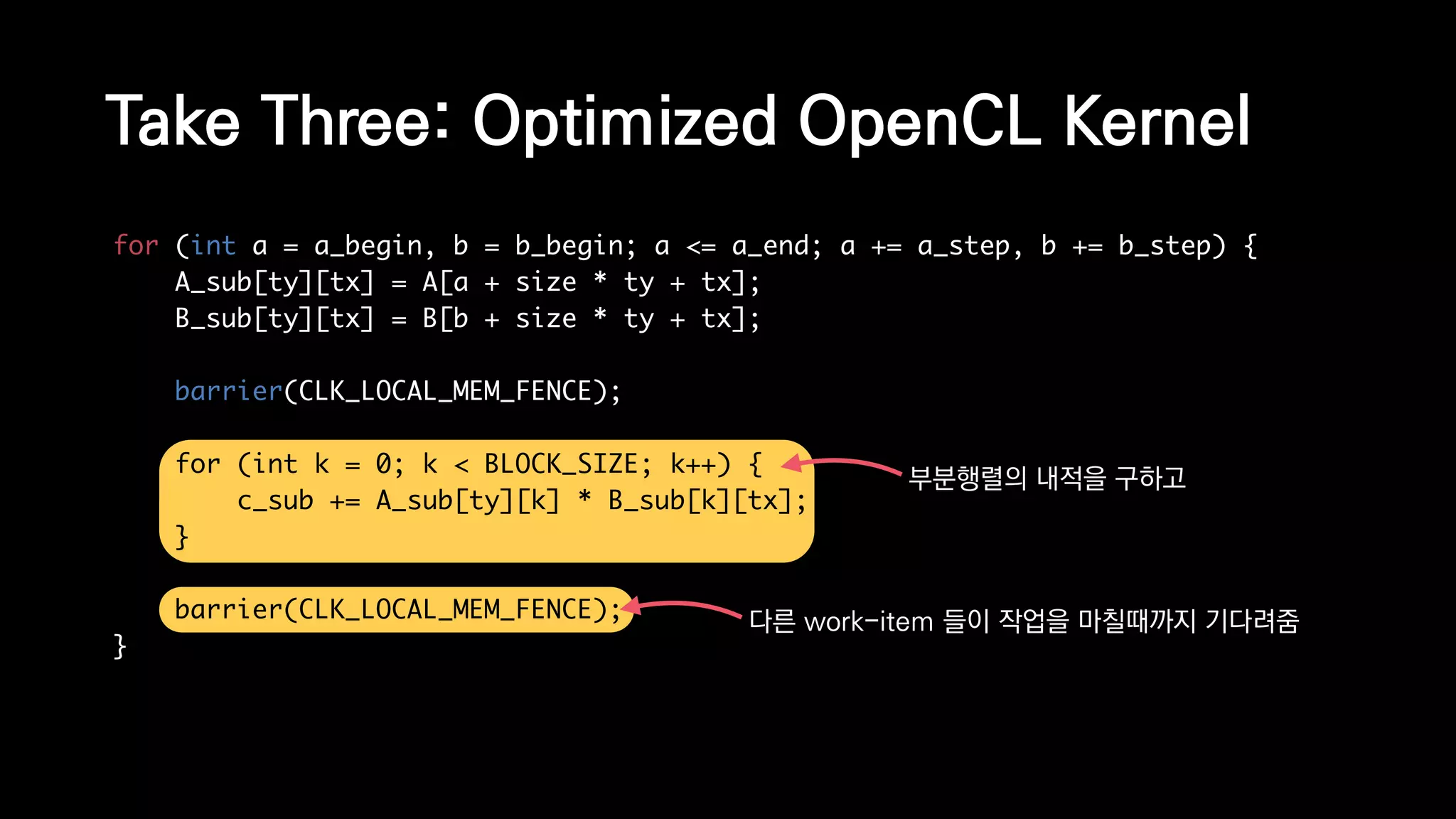 for (int a = a_begin, b = b_begin; a <= a_end; a += a_step, b += b_step) {
A_sub[ty][tx] = A[a + size * ty + tx];
B_sub[ty][tx] = B[b + size * ty + tx];
barrier(CLK_LOCAL_MEM_FENCE);
for (int k = 0; k < BLOCK_SIZE; k++) {
c_sub += A_sub[ty][k] * B_sub[k][tx];
}
barrier(CLK_LOCAL_MEM_FENCE);
}
Take Three: Optimized OpenCL Kernel
부분행렬의 내적을 구하고
다른 work-item 들이 작업을 마칠때까지 기다려줌
 