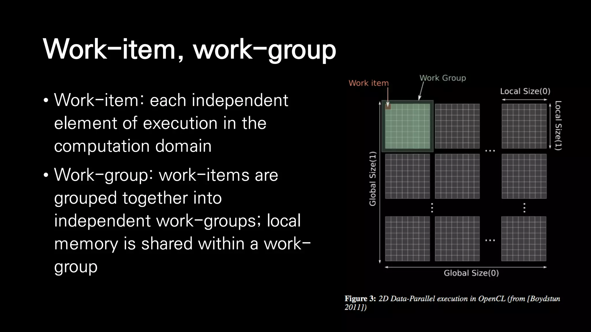 Work-item, work-group
• Work-item: each independent
element of execution in the
computation domain
• Work-group: work-items are
grouped together into
independent work-groups; local
memory is shared within a work-
group
 