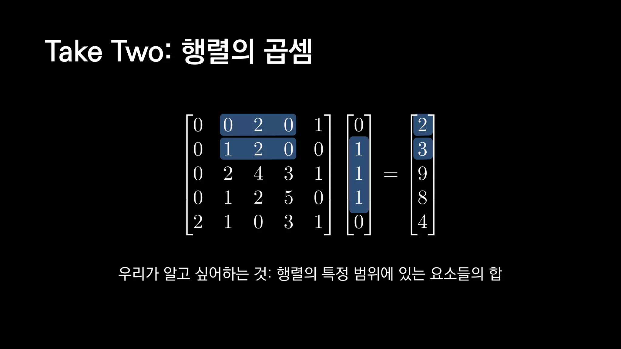Take Two: 행렬의 곱셈
우리가 알고 싶어하는 것: 행렬의 특정 범위에 있는 요소들의 합
 