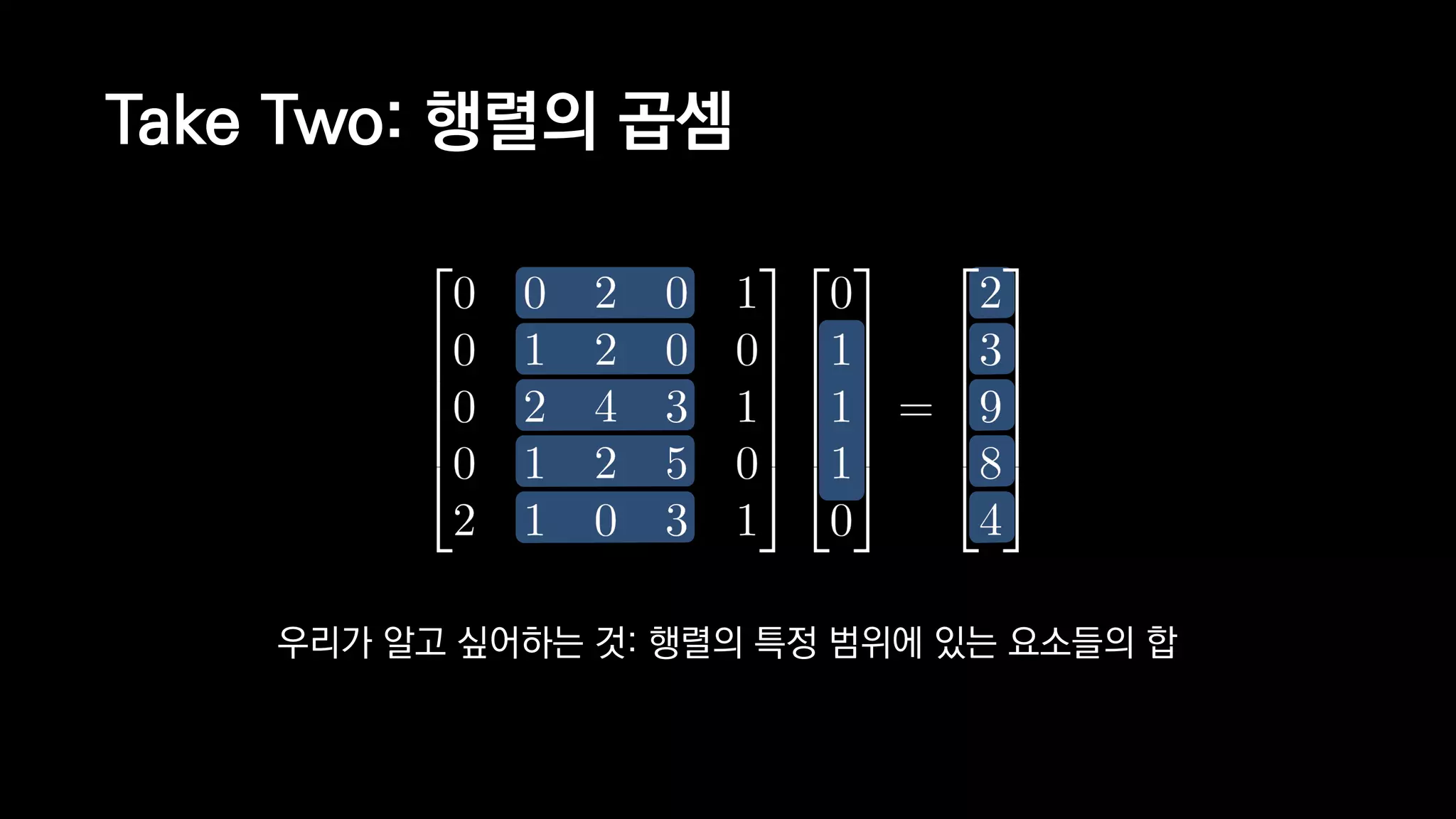 Take Two: 행렬의 곱셈
우리가 알고 싶어하는 것: 행렬의 특정 범위에 있는 요소들의 합
 
