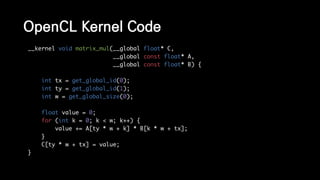 OpenCL Kernel Code
__kernel void matrix_mul(__global float* C,
__global const float* A,
__global const float* B) {
int tx = get_global_id(0);
int ty = get_global_id(1);
int w = get_global_size(0);
float value = 0;
for (int k = 0; k < w; k++) {
value += A[ty * w + k] * B[k * w + tx];
}
C[ty * w + tx] = value;
}
 