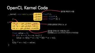 OpenCL Kernel Code
__kernel void matrix_mul(__global float* C,
__global const float* A,
__global const float* B) {
int tx = get_global_id(0);
int ty = get_global_id(1);
int w = get_global_size(0);
float value = 0;
for (int k = 0; k < w; k++) {
value += A[ty * w + k] * B[k * w + tx];
}
C[ty * w + tx] = value;
}
2차원 글로벌 인덱스 (x, y)
글로벌 인덱스의 1차원 축 크기
(정방행렬square matrix이므로 2차원 축 크기와 동일)
j
i
글로벌 메모리 사용
 