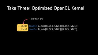 Take Three: Optimized OpenCL Kernel
__local double A_sub[BLOCK_SIZE][BLOCK_SIZE];
__local double B_sub[BLOCK_SIZE][BLOCK_SIZE];
로컬 메모리 할당
 