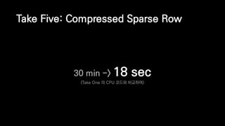 Take Five: Compressed Sparse Row
30 min -> 18 sec
(Take One 의 CPU 코드와 비교하여)
 