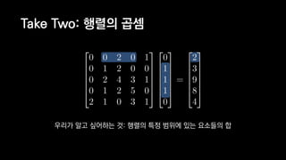 Take Two: 행렬의 곱셈
우리가 알고 싶어하는 것: 행렬의 특정 범위에 있는 요소들의 합
 