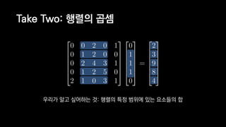 Take Two: 행렬의 곱셈
우리가 알고 싶어하는 것: 행렬의 특정 범위에 있는 요소들의 합
 
