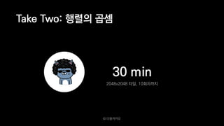 Take Two: 행렬의 곱셈
30 min
2048x2048 타일, 10회차까지
© 다음카카오
 