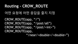 Routing - CROW_ROUTE
어떤 요청에 어떤 응답을 줄지 지정
CROW_ROUTE(app, “/”)
CROW_ROUTE(app, “/post/all”)
CROW_ROUTE(app, “/post/<int>”)
CROW_ROUTE(app,
“/near/<double>/<double>”)
 