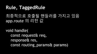 Rule, TaggedRule
최종적으로 호출될 핸들러를 가지고 있음
app.route 의 리턴 값
void handle(
const request& req,
response& res,
const routing_params& params)
 