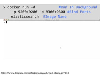 Persisting Data$ docker run –v <host-dir>:<container-dir>
image
-v /opt/docker/elasticsearch:/data
-v /opt/docker/mysql:/v...