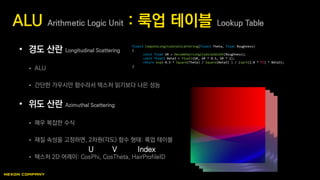 • 경도 산란 Longitudinal Scattering
 ALU
 간단한 가우시안 함수라서 텍스처 읽기보다 나은 성능
• 위도 산란 Azimuthal Scattering
 매우 복잡한 수식
 재질 속성을 고정하면, 2차원(각도) 함수 형태: 룩업 테이블
 텍스처 2D 어레이: CosPhi, CosTheta, HairProfileID
ALU Arithmetic Logic Unit : 룩업 테이블 Lookup Table
float3 ComputeLongitudinalScattering(float3 Theta, float Roughness)
{
const float bR = DecodeHairLongitudinalWidth(Roughness);
const float3 Beta3 = float3(bR, bR * 0.5, bR * 2);
return exp(-0.5 * Square(Theta) / Square(Beta3) ) / (sqrt(2.0 * PI) * Beta3);
}
U V Index
 