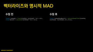 수정 전 수정 후
벡터라이즈와 명시적 MAD
float2 LookupUV = float2(CosPhiD, CosThetaD) * 0.5 + 0.5;
float Backlit = saturate(-CosThetaD * 0.5 + 0.5);
float3 LookupUVandBacklit = saturate(mad(float3(CosPhiD,
CosThetaD, -CosThetaD), 0.5, 0.5));
 