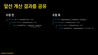 수정 전 수정 후
앞선 계산 결과를 공유
for (int X = 0; X < NumSamplesSqrt; ++X)
{
for (int Y = 0; Y < NumSamplesSqrt; Y++)
{
float2 ShadowOffset = TexelSize * StepSize
* float2(X, Y);
const float2 BaseTexelSize = TexelSize * StepSize;
…
for (int X = 0; X < NumSamplesSqrt; ++X)
{
for (int Y = 0; Y < NumSamplesSqrt; Y++)
{
float2 ShadowOffset = BaseTexelSize * float2(X, Y);
 