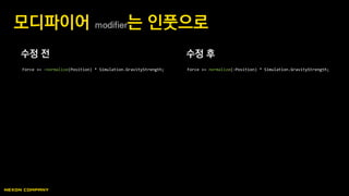 수정 전 수정 후
모디파이어 modifier는 인풋으로
Force += -normalize(Position) * Simulation.GravityStrength; Force += normalize(-Position) * Simulation.GravityStrength;
 