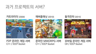 과거 프로젝트의 서버?
카트라이더 (2004) 에버플래닛 (2010) 돌격전차 (2015)
P2P 온라인 게임 서버
C++ / IOCP Socket
온라인 MMORPG 서버
C++ / IOCP Socket
모바일 온라인 게임 서버
C# / IOCP Socket
 
