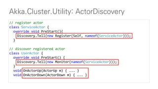 Akka.Cluster.Utility: ActorDiscovery
// register actor
class ServiceActor {
override void PreStart(){
Discovery.Tell(new Register(Self, nameof(ServiceActor)));
}
// discover registered actor
class UserActor {
override void PreStart() {
Discovery.Tell(new Monitor(nameof(ServiceActor)));
}
void OnActorUp(ActorUp m) { ... }
void OnActorDown(ActorDown m) { ... }
 