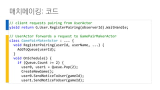 매치메이킹: 코드
// client requests pairing from UserActor
yield return G.User.RegisterPairing(observerId).WaitHandle;
// UserActor forwards a request to GamePairMakerActor
class GamePairMakerActor : ... {
void RegisterPairing(userId, userName, ...) {
AddToQueue(userId);
}
void OnSchedule() {
if (Queue.Count >= 2) {
user0, user1 = Queue.Pop(2);
CreateNewGame();
user0.SendNoticeToUser(gameId);
user1.SendNoticeToUser(gameId);
 