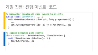 게임 진행: 진행 이벤트: 코드
// GameActor broadcasts game events to clients
public class GameActor : ... {
void MakeMove(PlacePosition pos, long playerUserId) {
...
NotifyToAllObservers((id, o) => o.MakeMove(...));
}
// client consumes game events
class GameScene : MonoBehaviour, IGameObserver {
void IGameObserver.MakeMove(...) {
Board.SetMark(...);
}
 