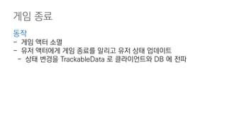 게임 종료
동작
- 게임 액터 소멸
- 유저 액터에게 게임 종료를 알리고 유저 상태 업데이트
- 상태 변경을 TrackableData 로 클라이언트와 DB 에 전파
 