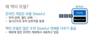 온라인 게임은 보통 Stateful
- 유저 상태, 월드 상태, …
- 실시간으로 유저 상호작용 발생
액터 모델은 많은 수의 Stateful 개체를 다루기 좋음
- 때문에 많은 온라인 게임에서 사용하고 있음
왜 액터 모델?
State
Behaviour
M1M2M3
Actor
 