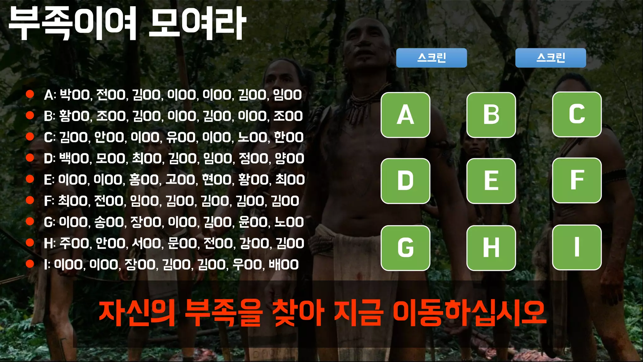 부족이여 모여라
 A: 박OO, 전OO, 김OO, 이OO, 이OO, 김OO, 임OO
 B: 황OO, 조OO, 김OO, 이OO, 김OO, 이OO, 조OO
 C: 김OO, 안OO, 이OO, 유OO, 이OO, 노OO, 한OO
 D: 백OO, 모OO, 최OO, 김OO, 임OO, 정OO, 양OO
 E: 이OO, 이OO, 홍OO, 고OO, 현OO, 황OO, 최OO
 F: 최OO, 전OO, 임OO, 김OO, 김OO, 김OO, 김OO
 G: 이OO, 송OO, 장OO, 이OO, 김OO, 윤OO, 노OO
 H: 주OO, 안OO, 서OO, 문OO, 전OO, 강OO, 김OO
 I: 이OO, 이OO, 장OO, 김OO, 김OO, 우OO, 배OO
자신의 부족을 찾아 지금 이동하십시오
스크린 스크린
A B C
D E F
G H I
 