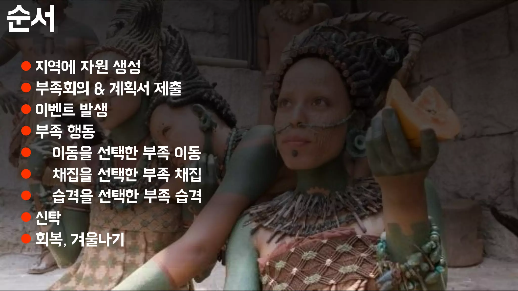 순서
 지역에 자원 생성
 부족회의 & 계획서 제출
 이벤트 발생
 부족 행동
 이동을 선택한 부족 이동
 채집을 선택한 부족 채집
 습격을 선택한 부족 습격
 신탁
 회복, 겨울나기
 