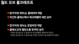 월드 오브 룰크래프트
참가자의 90%는 플레이어 역할
자신의 클래스에서 최고레벨이 되면 승리
참가자의 10%는 운영자의 역할
클래스간의 밸런스를 맞추면 승리
-게임이 끝났을 때 각 클래스의 최고레벨을 동일하게 맞춘다.
-게임이 끝났을 때 각 클래스를 선택한 유저의 수를 동일하게 맞춘다.
 