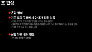 조 편성
혼합 방식
기존 조직 구조에서 2~3개 팀을 섞음
-기존 조직의 장이 모든 결정을 내리는 일은 줄인다.
-물리적으로 인접해 있어서 얼굴은 알지만 서로 인사 틀 기회가 없는 팀들을 섞음
-업무 연관성이 있는 팀을 섞음
신입 직원 배려 필요
-멘토와 함께 편성한다
 