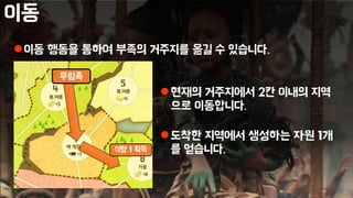 이동
이동 행동을 통하여 부족의 거주지를 옮길 수 있습니다.
현재의 거주지에서 2칸 이내의 지역
으로 이동합니다.
도착한 지역에서 생성하는 자원 1개
를 얻습니다.
무림족
식량 1 획득
 