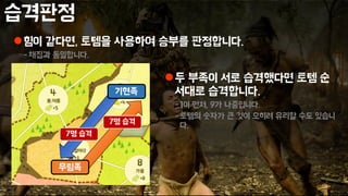 습격판정
힘이 같다면, 토템을 사용하여 승부를 판정합니다.
-채집과 동일합니다.
무림족
기현족
7명 습격
두 부족이 서로 습격했다면 토템 순
서대로 습격합니다.
-1이 먼저, 9가 나중입니다.
-토템의 숫자가 큰 것이 오히려 유리할 수도 있습니
다.
7명 습격
 