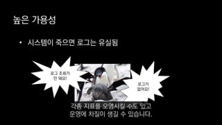 높은 가용성
로그 조회가
안 돼요!
로그가
없어요!
• 시스템이 죽으면 로그는 유실됨
각종 지표를 오염시킬 수도 있고
운영에 차질이 생길 수 있습니다.
 