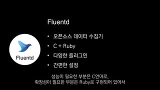 • 오픈소스 데이터 수집기
• C + Ruby
• 다양한 플러그인
• 간편한 설정
Fluentd
Fluentd
성능이 필요한 부분은 C언어로,
확장성이 필요한 부분은 Ruby로 구현되어 있어서
 
