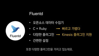 • 오픈소스 데이터 수집기
• C + Ruby
• 다양한 플러그인
• 간편한 설정
빠르고 가볍다
Kinesis 플러그인 지원Fluentd
Fluentd
또한 다양한 플러그인을 가지고 있는데요.
 