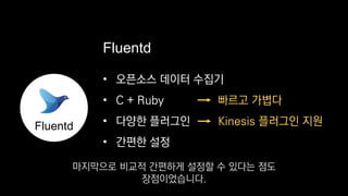 • 오픈소스 데이터 수집기
• C + Ruby
• 다양한 플러그인
• 간편한 설정
빠르고 가볍다
Kinesis 플러그인 지원Fluentd
Fluentd
마지막으로 비교적 간편하게 설정할 수 있다는 점도
장점이었습니다.
 