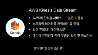 • AWS의 관리형 서비스
• 스트리밍 데이터를 저장하는 큐 역할
• 최대 7일동안 데이터 보존
• 데이터 유입량에 따라 무중단 확장 및 축소가능
AWS Kinesis Data Stream
→ 높은 가용성
Kinesis
크게 관리할 것이 없습니다.
 
