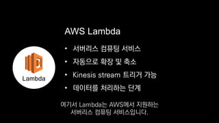 • 서버리스 컴퓨팅 서비스
• 자동으로 확장 및 축소
•
• 데이터를 처리하는 단계
AWS Lambda
Lambda
Kinesis stream 트리거 가능
여기서 Lambda는 AWS에서 지원하는
서버리스 컴퓨팅 서비스입니다.
 
