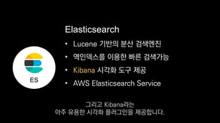 • Lucene 기반의 분산 검색엔진
• 역인덱스를 이용한 빠른 검색가능
•
• AWS Elasticsearch Service
Elasticsearch
ES
Kibana 시각화 도구 제공
그리고 Kibana라는
아주 유용한 시각화 플러그인을 제공합니다.
 