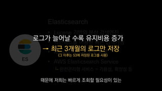 ES
로그가 늘어날 수록 유지비용 증가
→ 최근 3개월의 로그만 저장
(그 이후는 S3에 저장된 로그를 사용)
때문에 저희는 빠르게 조회할 필요성이 있는
 