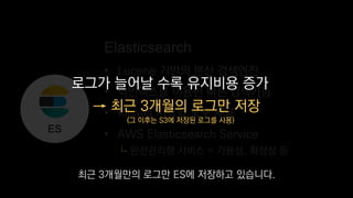 ES
로그가 늘어날 수록 유지비용 증가
→ 최근 3개월의 로그만 저장
(그 이후는 S3에 저장된 로그를 사용)
최근 3개월만의 로그만 ES에 저장하고 있습니다.
 
