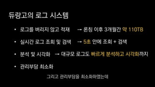 듀랑고의 로그 시스템
• 로그를 버리지 않고 적재
• 실시간 로그 조회 및 검색
• 분석 및 시각화
• 관리부담 최소화
→ 론칭 이후 3개월간 약 110TB
→ 5초 안에 조회 + 검색
→ 대규모 로그도 빠르게 분석하고 시각화까지
그리고 관리부담을 최소화하였는데
 