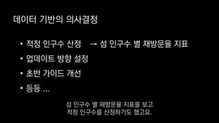 데이터 기반의 의사결정
→ 섬 인구수 별 재방문율 지표• 적정 인구수 산정
• 업데이트 방향 설정
• 초반 가이드 개선
• 등등 ...
섬 인구수 별 재방문율 지표를 보고
적정 인구수를 산정하기도 했고요.
 