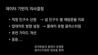 데이터 기반의 의사결정
→ 섬 인구수 별 재방문율 지표
→ 플레이 유형 클러스터링
• 적정 인구수 산정
• 업데이트 방향 설정
• 초반 가이드 개선
• 등등 ...
유저분들의 플레이 유형을
클러스터링한 정보를 통해
 