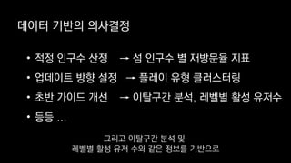 데이터 기반의 의사결정
→ 섬 인구수 별 재방문율 지표
→ 플레이 유형 클러스터링
→ 이탈구간 분석, 레벨별 활성 유저수
• 적정 인구수 산정
• 업데이트 방향 설정
• 초반 가이드 개선
• 등등 ...
그리고 이탈구간 분석 및
레벨별 활성 유저 수와 같은 정보를 기반으로
 