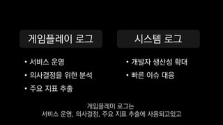 게임플레이 로그
• 서비스 운영
• 의사결정을 위한 분석
• 주요 지표 추출
시스템 로그
• 개발자 생산성 확대
• 빠른 이슈 대응
게임플레이 로그는
서비스 운영, 의사결정, 주요 지표 추출에 사용되고있고
 