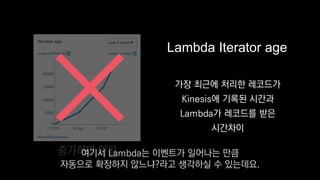 Lambda Iterator age
증가하면 안됨
가장 최근에 처리한 레코드가
Kinesis에 기록된 시간과
Lambda가 레코드를 받은
시간차이
여기서 Lambda는 이벤트가 일어나는 만큼
자동으로 확장하지 않느냐?라고 생각하실 수 있는데요.
 