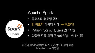 • 클러스터 컴퓨팅 엔진
•
• Python, Scala, R, Java 언어지원
• 다양한 모듈 지원 (SparkSQL, MLlib 등)
Apache Spark
Spark
인 메모리 데이터 처리 → 빠르다!
이전에 Hadoop에서 디스크 기반으로 수행하던
MapReduce 작업을
 