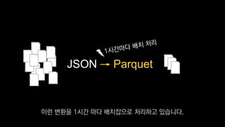 JSON → Parquet
이런 변환을 1시간 마다 배치잡으로 처리하고 있습니다.
 