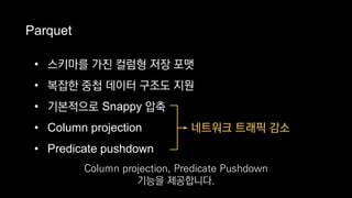 Parquet
→ 네트워크 트래픽 감소
• 스키마를 가진 컬럼형 저장 포맷
• 복잡한 중첩 데이터 구조도 지원
• 기본적으로 Snappy 압축
• Column projection
• Predicate pushdown
Column projection, Predicate Pushdown
기능을 제공합니다.
 
