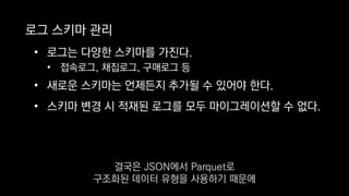 로그 스키마 관리
• 로그는 다양한 스키마를 가진다.
• 접속로그, 채집로그, 구매로그 등
• 새로운 스키마는 언제든지 추가될 수 있어야 한다.
• 스키마 변경 시 적재된 로그를 모두 마이그레이션할 수 없다.
결국은 JSON에서 Parquet로
구조화된 데이터 유형을 사용하기 때문에
 