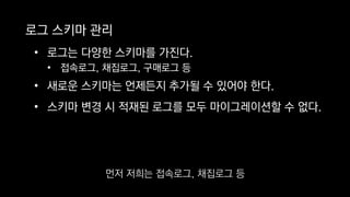 로그 스키마 관리
• 로그는 다양한 스키마를 가진다.
• 접속로그, 채집로그, 구매로그 등
• 새로운 스키마는 언제든지 추가될 수 있어야 한다.
• 스키마 변경 시 적재된 로그를 모두 마이그레이션할 수 없다.
먼저 저희는 접속로그, 채집로그 등
 